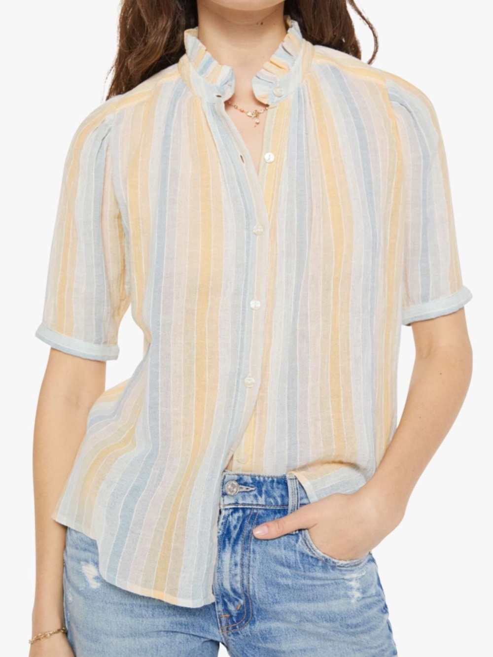 Alix Of Bohemia NWOT Winnie Short Sleeve Button Up Shirt in Yellow Stripe Small